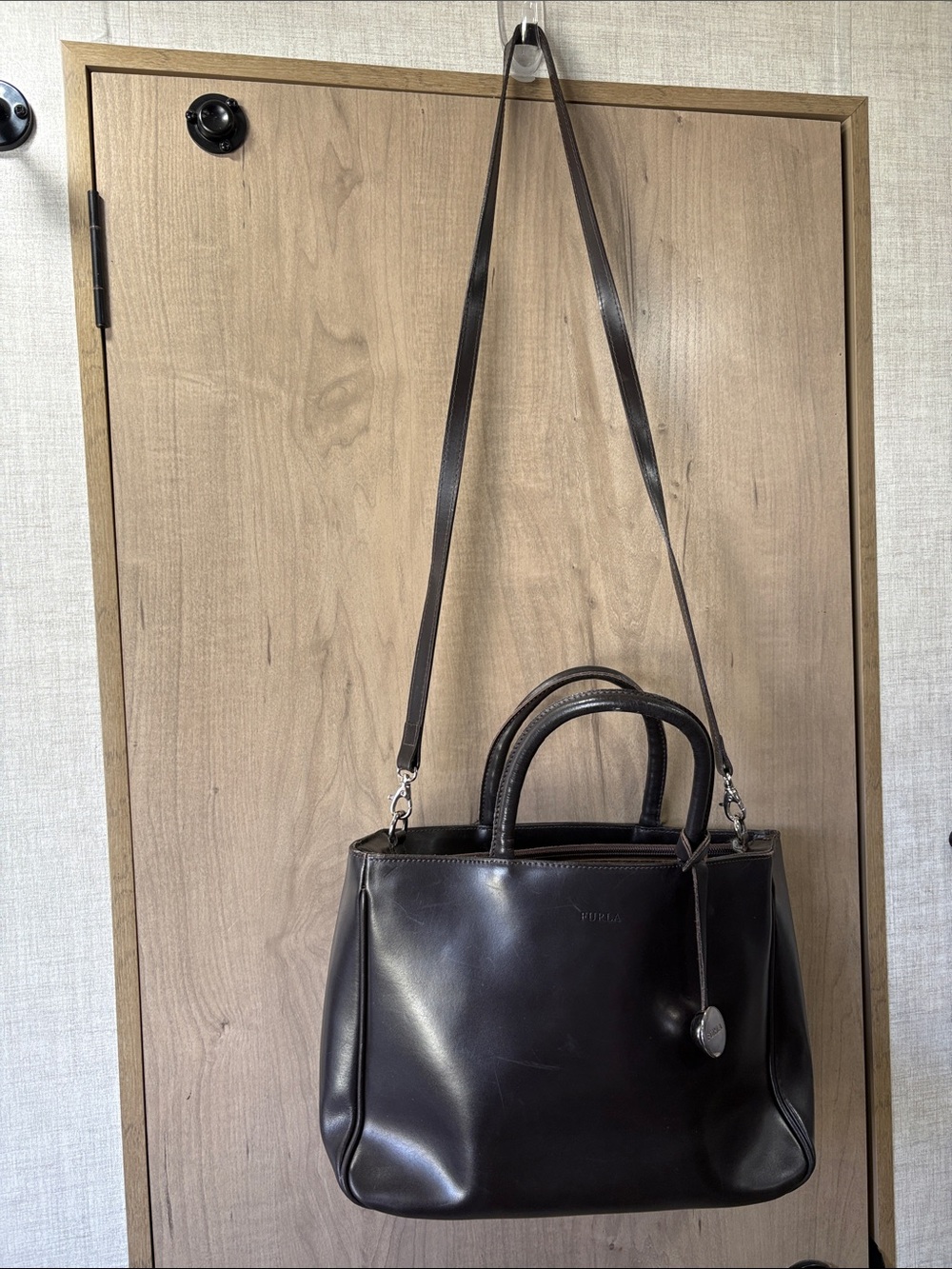 Vintage Furla Dark Brown Leather Crossbody Tote with Top Handles